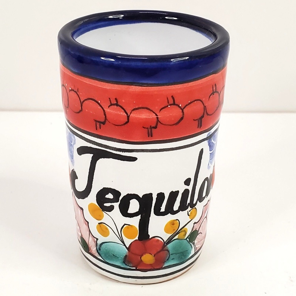 Hand Painted Mexican Folk Art Ceramic Tequila Shot Glass Toothpick Holder